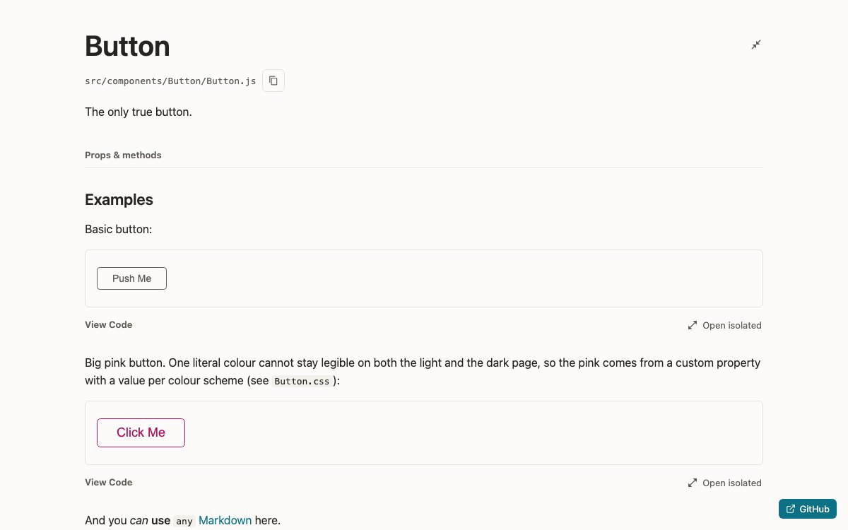 A single component with its props table and live example in Vite Styleguidist